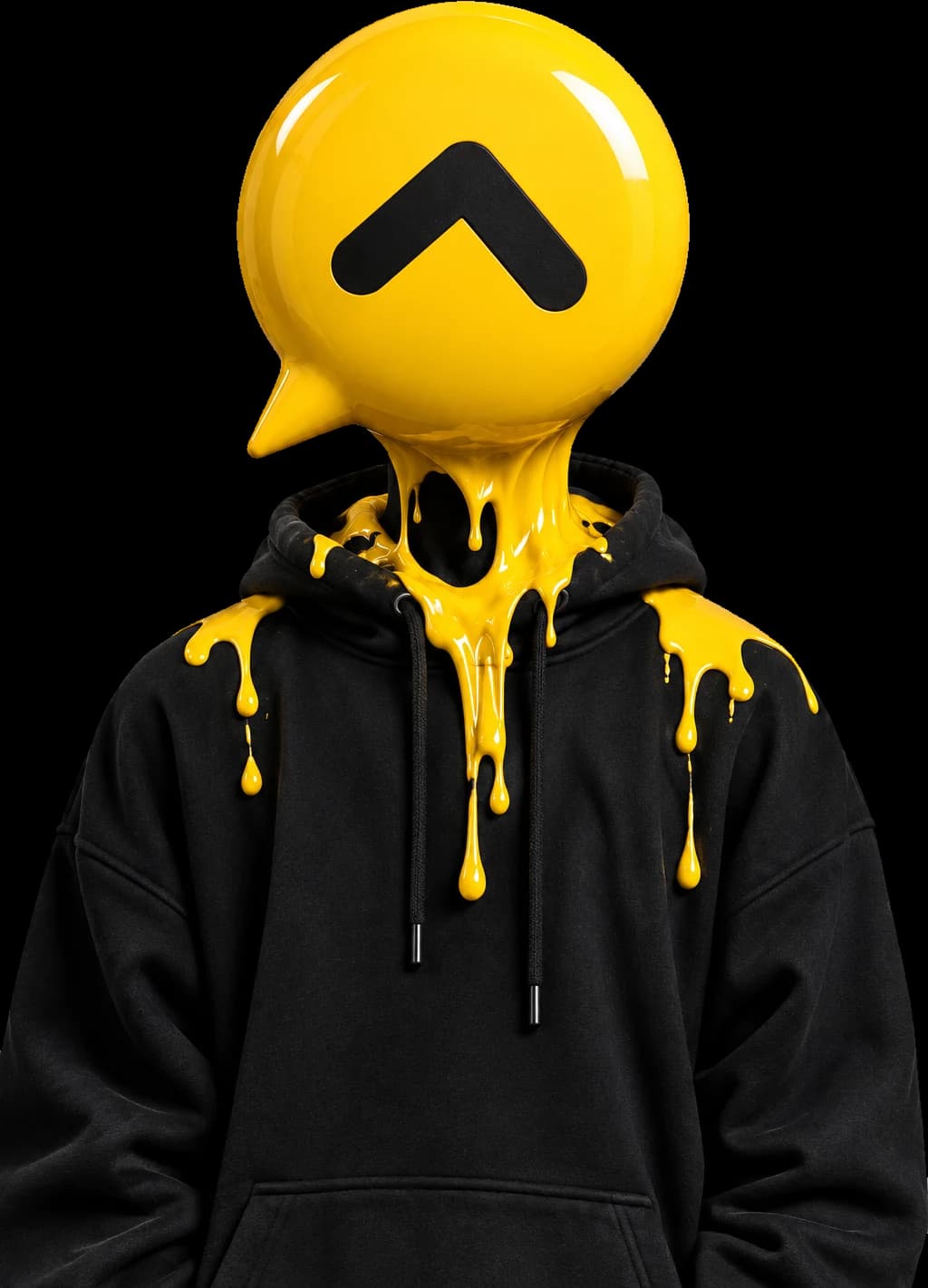 Personaje de Top: figura con sudadera negra y cabeza en forma del globo amarillo del isotipo, escurriendo tinta